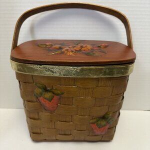 Vintage Handmade Woven Wood Tote Purse Hand painted Strawberries